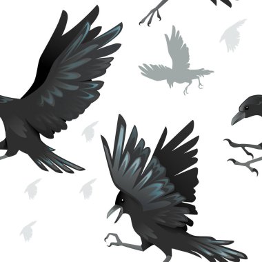 Siyah kargaların kusursuz deseni beyaz arka planda çizgi film hayvan stili düz vektör çizimi.