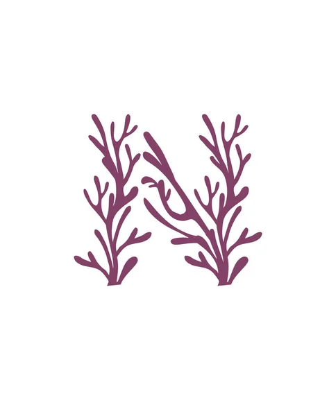 字母N紫色海藻水下海洋植物海珊瑚元素平面矢量白底图解 — 图库矢量图片