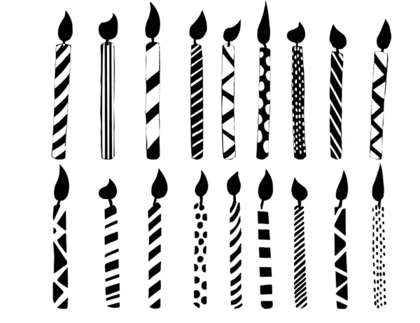 黒シルエットコレクションの誕生日キャンドルフラットベクトルイラスト上の白い背景 — ストックベクタ