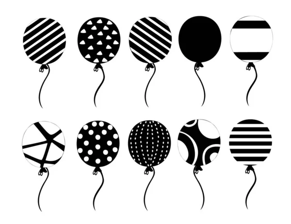 Schwarze Silhouette Set Von Flachen Ballons Mit Unterschiedlichen Texturmustern Flache — Stockvektor