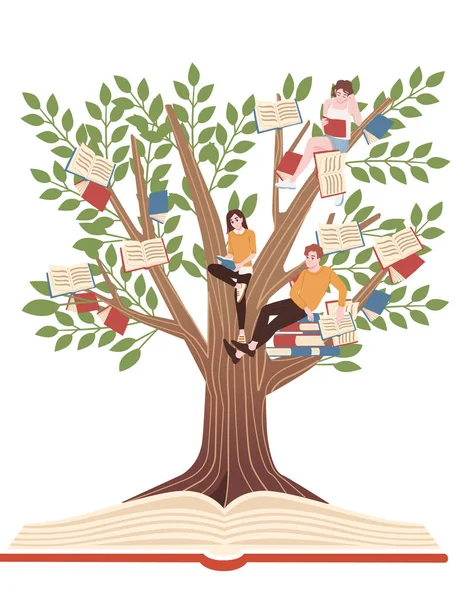 Vzdělávání Koncept Knihy Růst Stromě Lidé Studující Kreslené Postavy Design — Stockový vektor