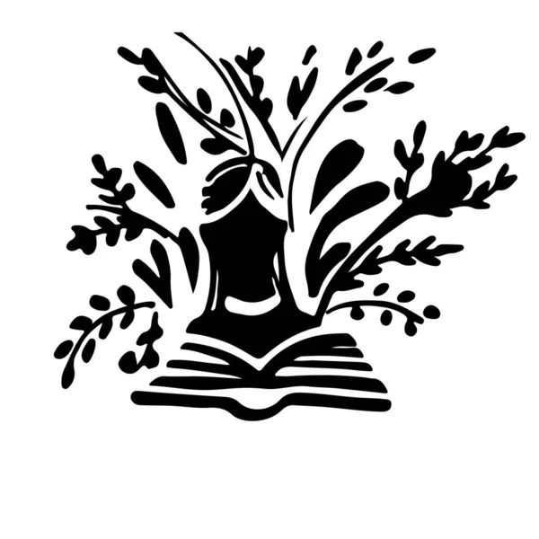 在白色背景下阅读书籍和植被平面矢量插图的黑色轮廓女孩 — 图库矢量图片