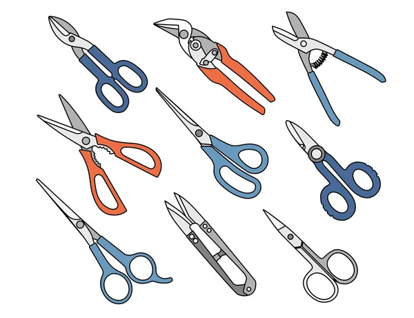 Ferramentas diferentes da coleção dos modelos da tesoura para jardinar a ilustração médica do barbeiro ou do vetor liso do alfaiate isolada no fundo branco —  Vetores de Stock