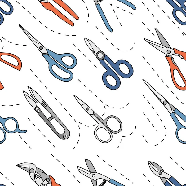 Бесшовный рисунок различных моделей ножниц инструменты для садоводства медицинский парикмахер или портной плоский вектор иллюстрации на белом фоне — стоковый вектор