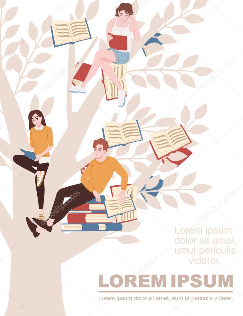 Education concept books growth on the tree silhouette and people studying cartoon character design flat vector illustration on white background.