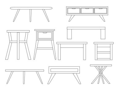 Masa ana hatları koleksiyonu ahşap mobilya düz vektör çizimi beyaz arkaplan izole.