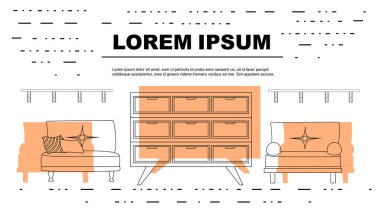 Beyaz zemin üzerinde ahşap mobilya düz vektör illüstrasyonlu reklam ilanı veya afiş.