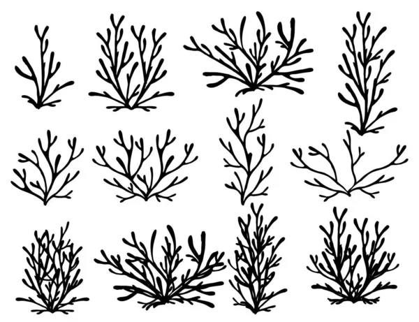 Set Black Coral Seaweeds Silhouettes Flat Vector Illustration Isolated White — Stock Vector