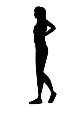 Siyah siluet, modaya uygun giyinmiş hoş genç kız çizgi film karakteri tasarımı, düz vektör çizimi, beyaz arka planda izole edilmiş..