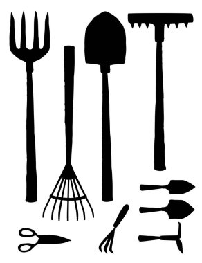 Siyah siluet bahçe temel çalışma araçları toplama düz vektör illüstrasyon beyaz arkaplan izole.