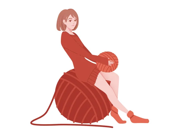 可愛いです女性座っています大きな赤いボールのウールとともに編み物針フラット抽象的なイラスト白の背景に隔離 — ストックベクタ