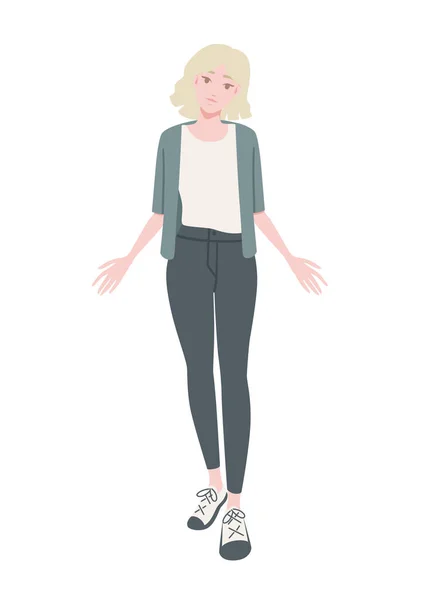 Jeune Fille Mignonne Dans Mode Casual Vêtements Gris Jeans Blanc — Image vectorielle