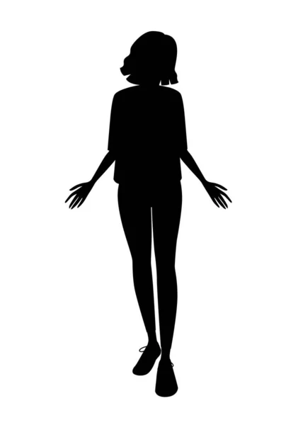 Schwarze Silhouette Niedliches Junges Mädchen Mode Lässige Kleidung Cartoon Charakter — Stockvektor