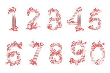 0 'dan 9' a kadar sayılar kümesi pembe deniz yosunları sualtı bitkisi deniz mercan elementleri beyaz arka planda düz vektör çizimi.