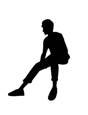 Oturan siyah siluetteki yakışıklı genç adam beyaz arka planda izole edilmiş moda kıyafetleri giyiyor çizgi film karakteri tasarımı düz vektör çizimi.