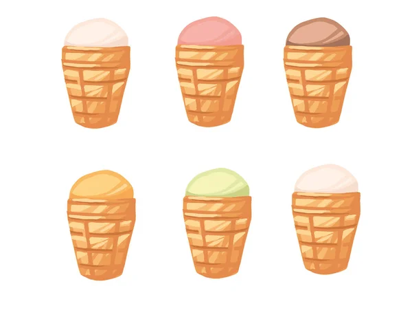 白い背景に隔離された異なる色のフラットベクトルイラストを持つワッフルコーンのアイスクリームの味のセット — ストックベクタ