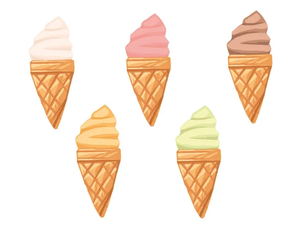 Conjunto Sabores Helado Conos Gofre Con Ilustración Vectorial Plana Diferentes — Vector de stock