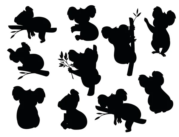 Ensemble Silhouette Noire Ours Koala Gris Mignon Dans Différentes Poses — Image vectorielle