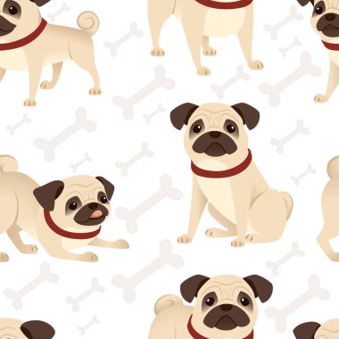 Kusursuz desenli sevimli, küçük, dost canlısı köpek çizgi filmi evcil hayvan tasarımı düz vektör çizimi beyaz arka planda kemikli.
