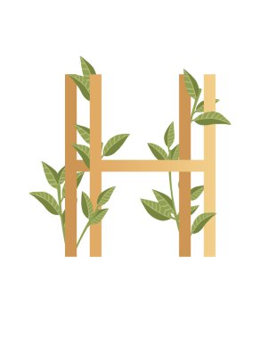 Beyaz arkaplanda izole edilmiş yeşil yapraklı bej rengi eko yazı tipi düz vektör illüstrasyonuna sahip H harfi.