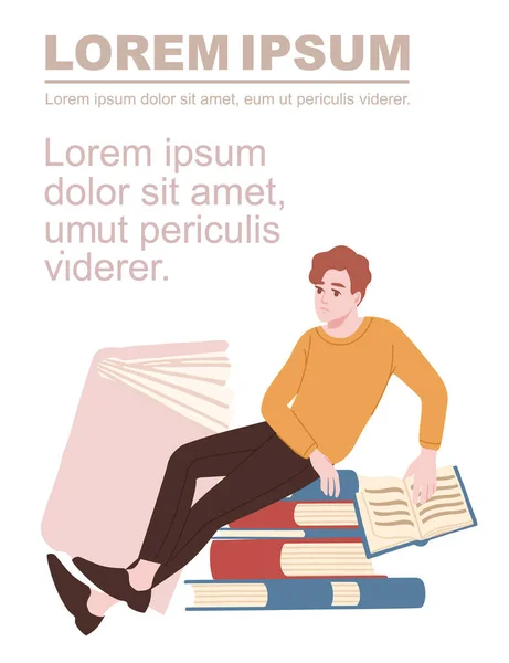 Publicidad Volante Banner Diseño Con Hombre Sentarse Pila Libros Vacíos — Archivo Imágenes Vectoriales