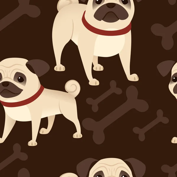 无缝图案可爱的小友好的哈巴狗卡通家养动物设计平面矢量图上的褐色背景与骨头 — 图库矢量图片