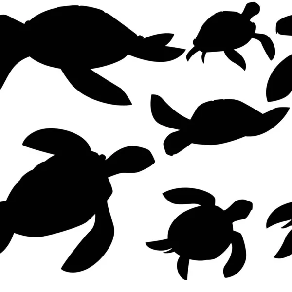 Naadloos Patroon Zwart Silhouet Van Grote Zeeschildpad Cartoon Schattig Dier — Stockvector
