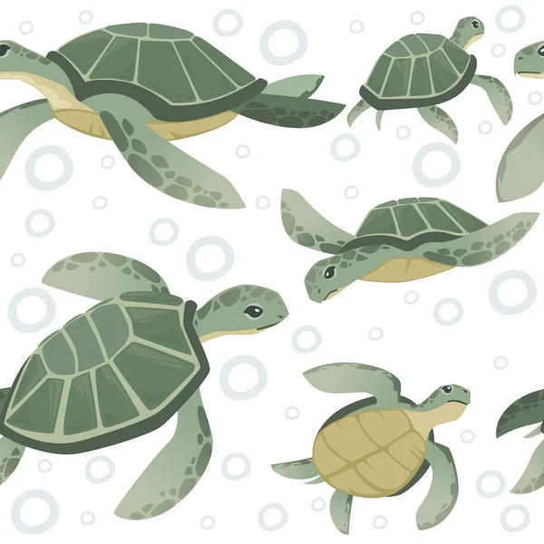 Naadloos Patroon Van Grote Groene Zeeschildpad Cartoon Schattig Dier Ontwerp — Stockvector