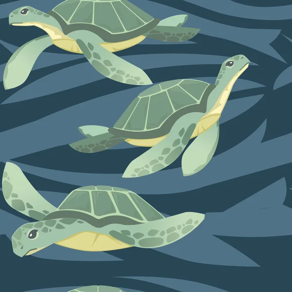 Nahtloses Muster Der Großen Grünen Meeresschildkröte Karikatur Niedlich Tier Design — Stockvektor