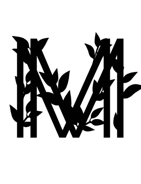 黑色轮廓字母M 有覆盖的叶子生态字体平面矢量在白色背景上孤立 — 图库矢量图片