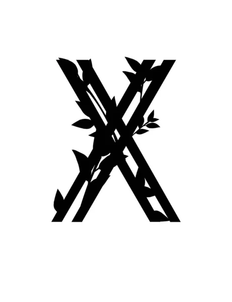 黑色轮廓字母X 有覆盖的叶子生态字体平面矢量 在白色背景上孤立 — 图库矢量图片