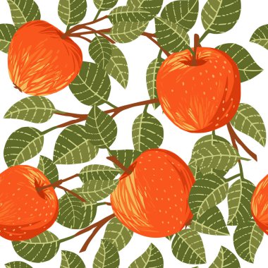 Yeşil yapraklı elmaların pürüzsüz deseni beyaz arka planda düz vektör çizimi ve kahverengi dallar.