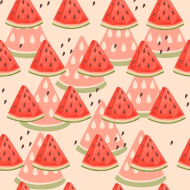 Bej arkaplan üzerinde düz vektör çizimi olan doğranmış karpuz dilimlerinin kusursuz deseni.