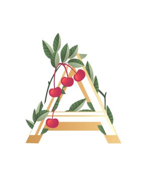 Değişken bej rengi yeşil yapraklar ve kırmızı böğürtlenlerle kaplı A harfi beyaz arkaplan üzerinde izole edilmiş eko eko yazı tipi düz vektör çizimi.