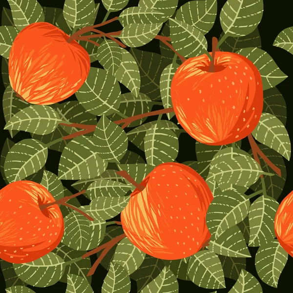 緑の葉を持つリンゴのシームレスなパターン茶色の枝と黒の背景にフラットベクトルイラスト — ストックベクタ
