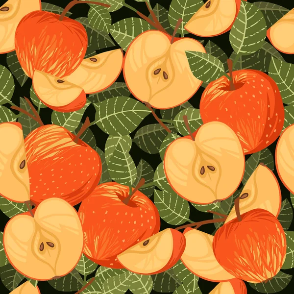 Бесшовный Рисунок Яблок Целые Половинки Нарезанные Куски Зелеными Листьями Плоские — стоковый вектор