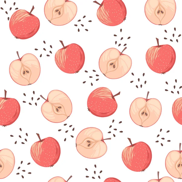 Бесшовный Рисунок Розовых Яблок Целиком Наполовину Семенами Плоские Векторные Иллюстрации — стоковый вектор