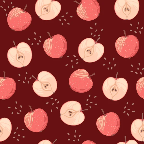 Бесшовный Рисунок Розовых Яблок Полностью Наполовину Семенами Плоские Векторные Иллюстрации — стоковый вектор