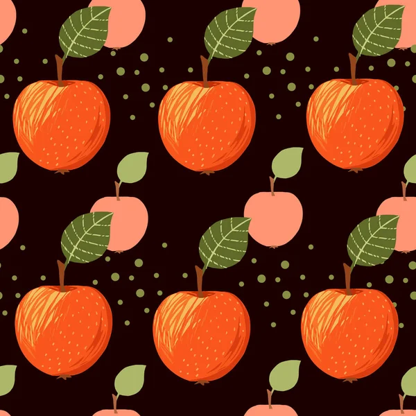 緑の葉を持つリンゴのシームレスなパターン黒の背景にフラットベクトルイラスト — ストックベクタ