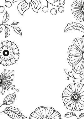 çizilen çerçeve çiçek çiçekler ve yapraklar, vektör çizim ile doodle tarzında el
