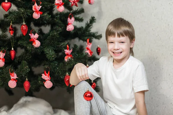 Retrato de niño feliz árbol de Navidad decorativo — Foto de Stock