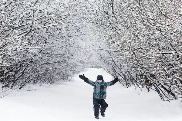 Niño disfruta del invierno y jugando con la nieve — Foto de Stock