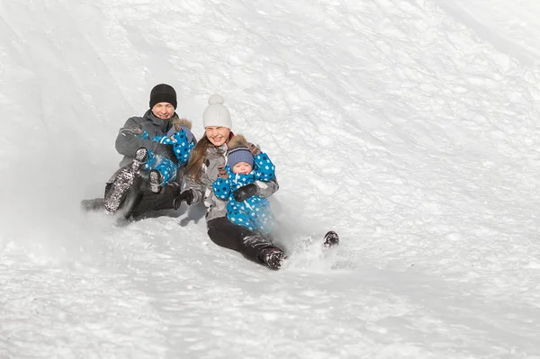 Μια τετραμελής οικογένεια με τα δίδυμα σύρετε προς τα κάτω ένα hill χιονιού το χειμώνα στο πάρκο — Φωτογραφία Αρχείου