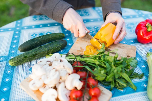 Manos picando verduras frescas — Foto de Stock