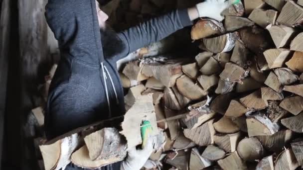 A farmer with a beard is gathering firewood in his hands — Stock Video