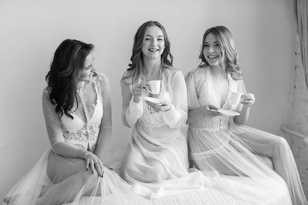 Three sexy girls brides in lingerie — Stock Photo, Image