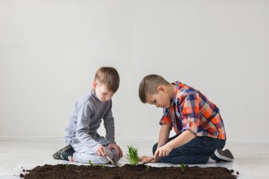 Kardeşler yerdeki toprak dikim yapmak
