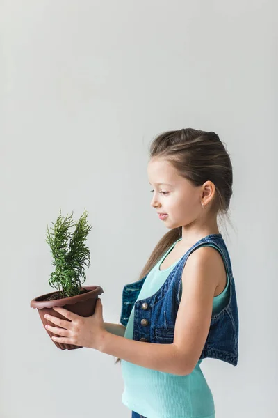 Chica de pie sobre un fondo blanco con una planta en el Día de la Tierra — Foto de Stock