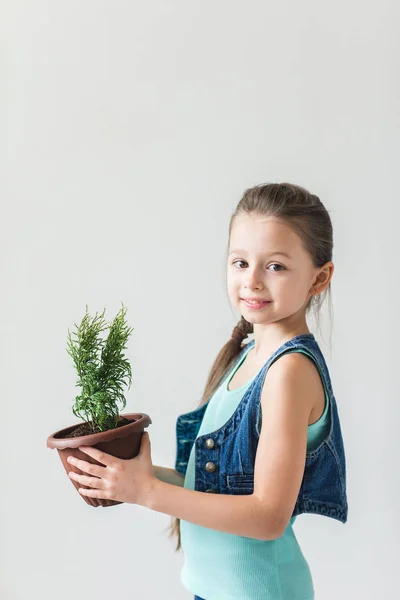 Gelukkig kind op witte achtergrond met pot van de plant — Stockfoto
