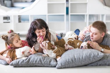 Şirin bak, kukla bulldog ile mutlu aileler